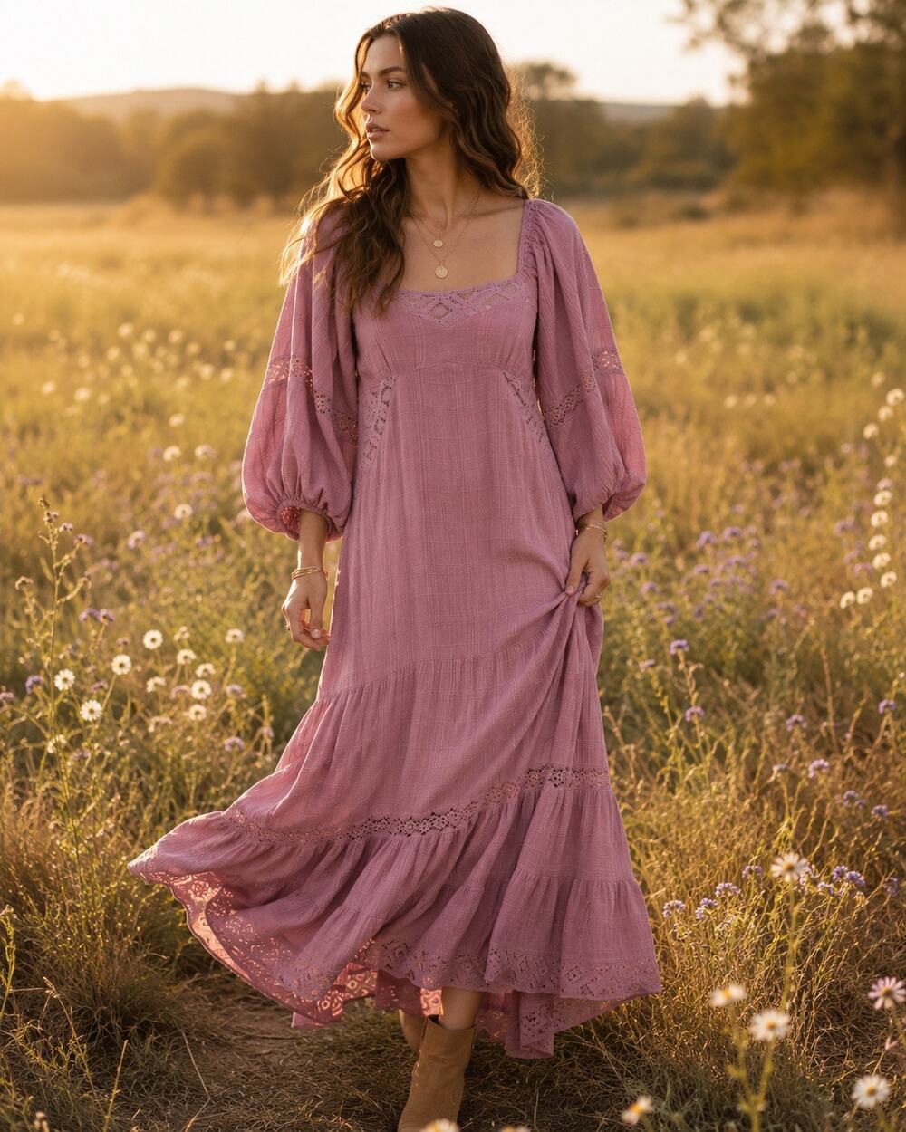 Free People All The Attitude Maxi Dress Mauve Boho Puff Sleeve XS Prairie Style